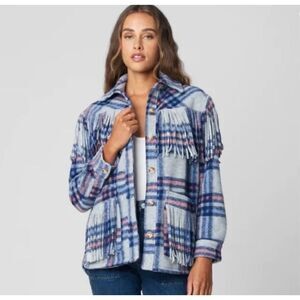 Blank NYC Womens Plaid Long‎ Sleeve Fringe Button Front Shirt Jacket Blue Small